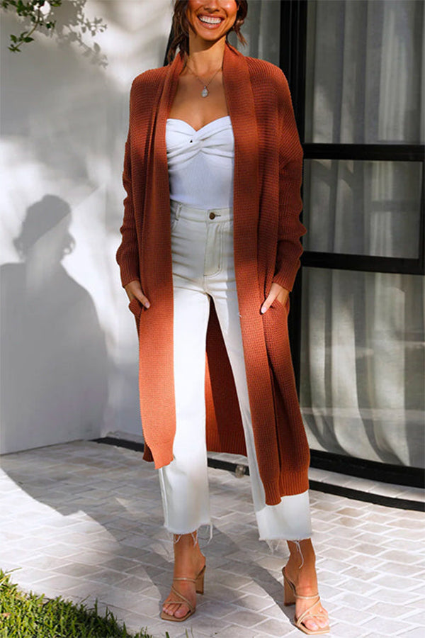 Open Front Drop Shoulder Pocketed Long Sweater Cardigan Brown