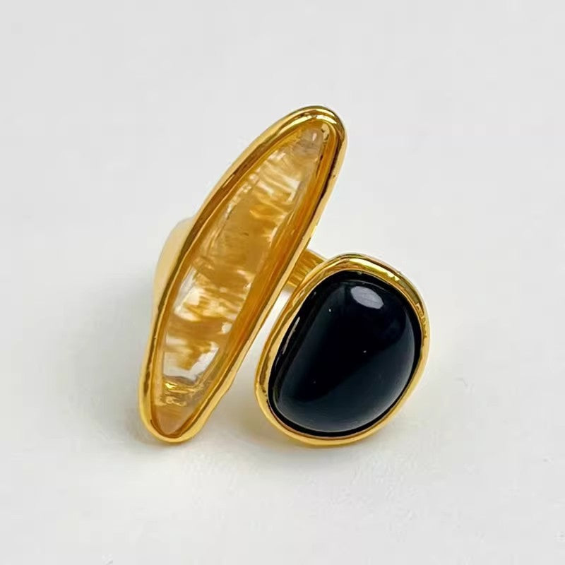 Vintage Two-Tone Natural Stone Open Ring Geometric Contrast Irregular Wide Statement Band