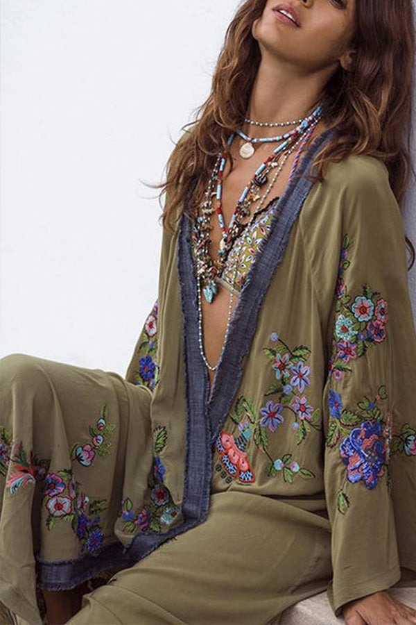 Embroidered Denim-trimmed Beach Loose Swimwear Bikini Cover Up