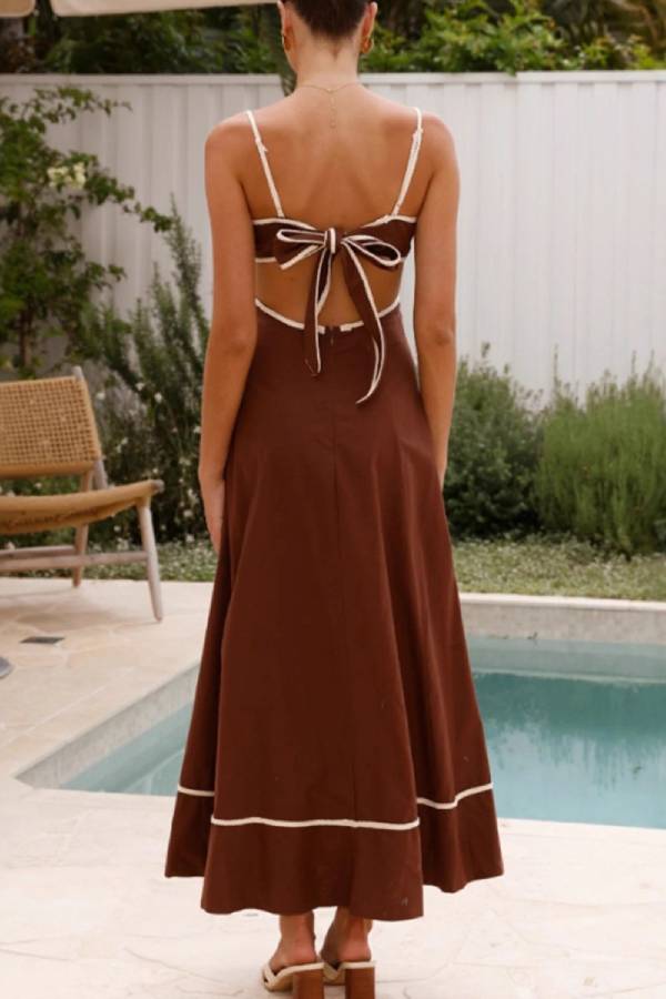 Thin Spaghetti Strap Color-Blocked Binding Cutout Back Bow Flared Hem Maxi Dress