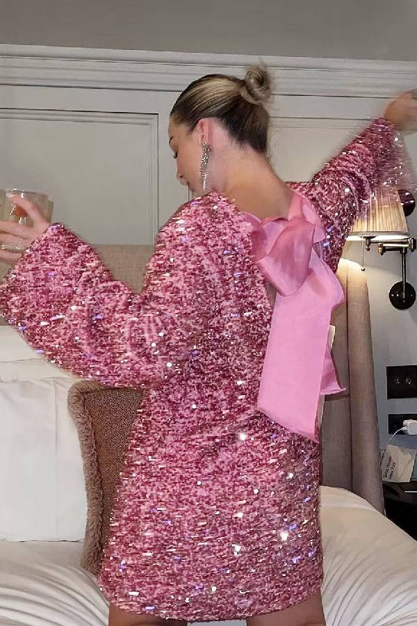Dance All Night Sequin Back Tie Up Bow Loose Mini Dress Pink