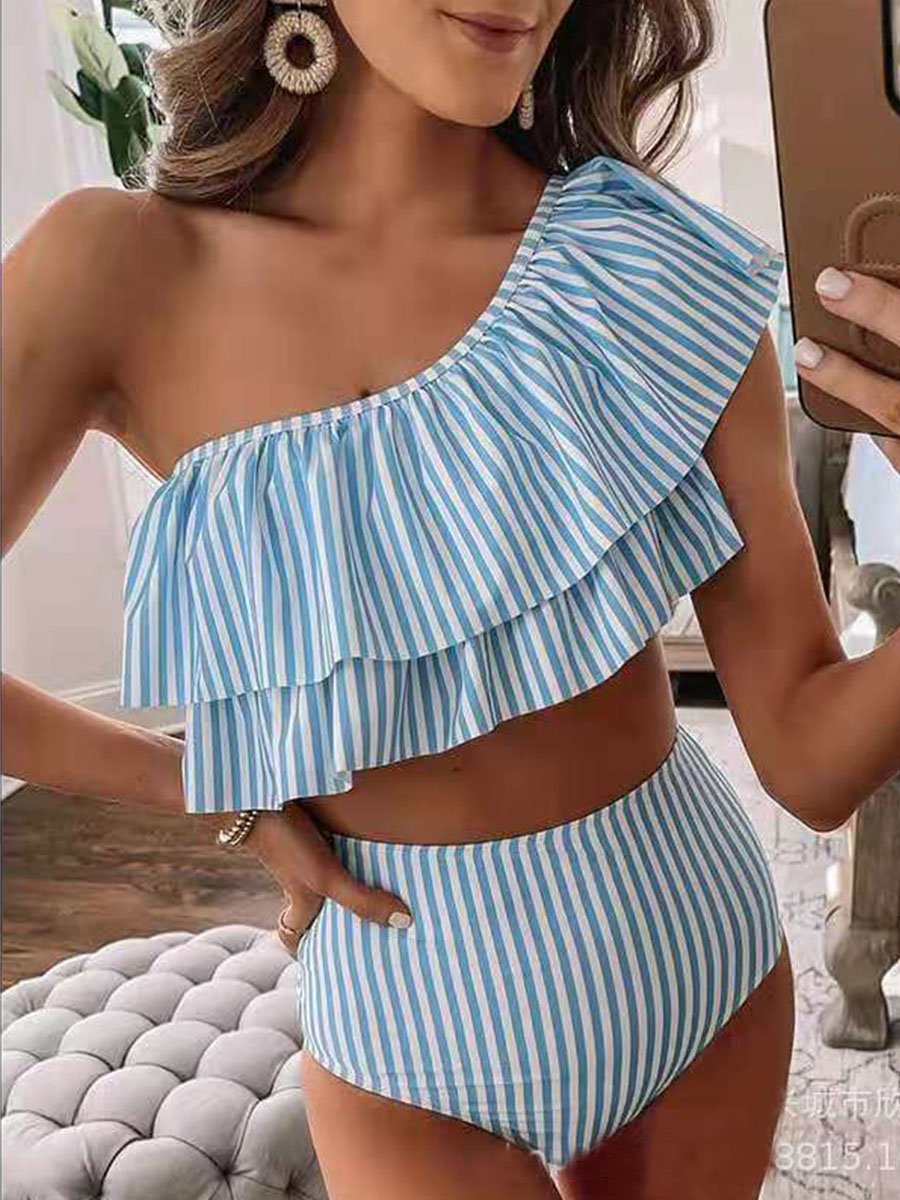 Stripe Printed Ruffle Bikini Blue