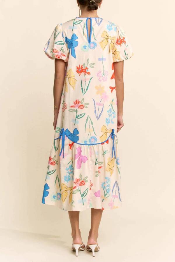 Colorful Bow Floral Print Puff Sleeve Midi Dress