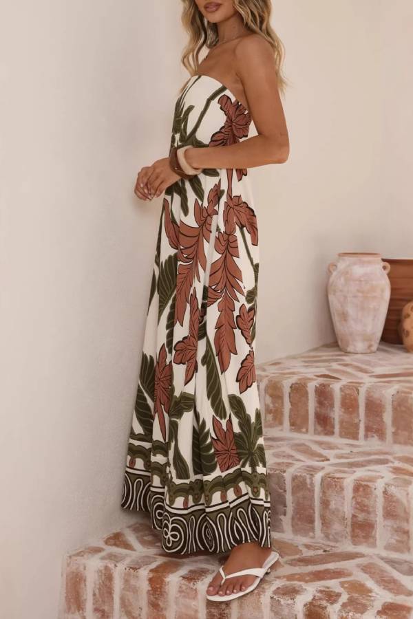 Tropical Leaf Print Strapless Straight Maxi Vacation Dress