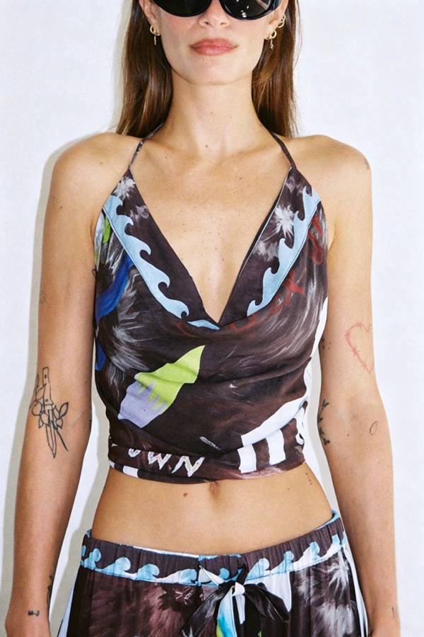 Street-style Print Cowl Neck Halter Tank and Elastic Waist Side Stripes Loose Pants Set