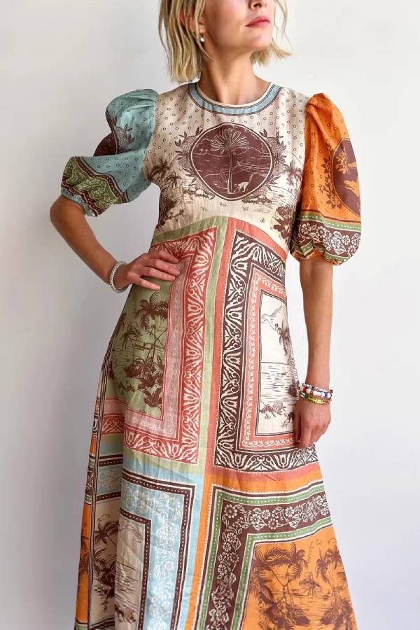 Patchwork Tropical Print Puff Sleeve Maxi Dress