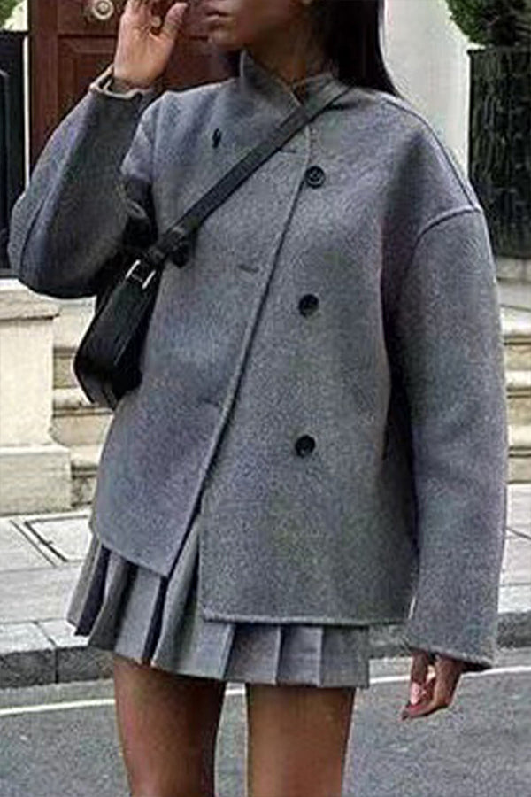 British Style Elegant Solid Buttons Mandarin Collar Outerwear Grey