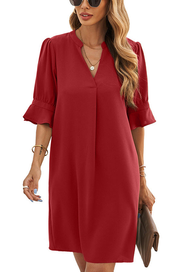 Solid Color Loose Casual V Neck Short Sleeve Knee Length Dress Red