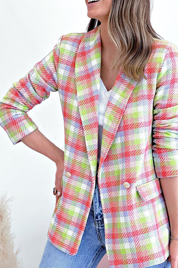 Long sleeve pocket printed double breasted casual jacket Pink
