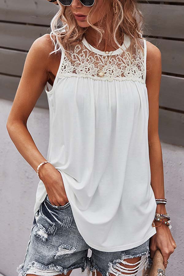 Crochet Lace Patchwork Casual Tank Top White