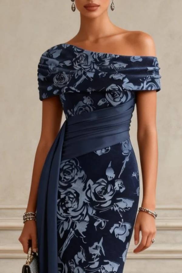 Blue Floral Split Joint Ruched Velvet One Shoulder Short Sleeve Bodycon Maxi Dress