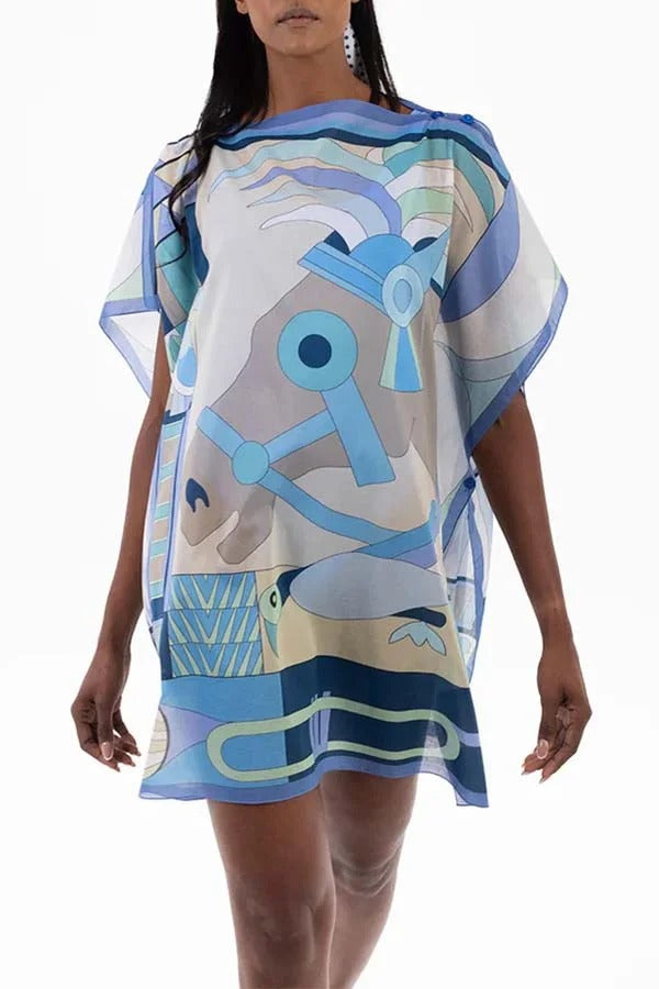 Horse Island – Lockeres Minikleid aus Tüll mit einzigartigem Print und One-Shoulder-Träger und Knopfdetail 