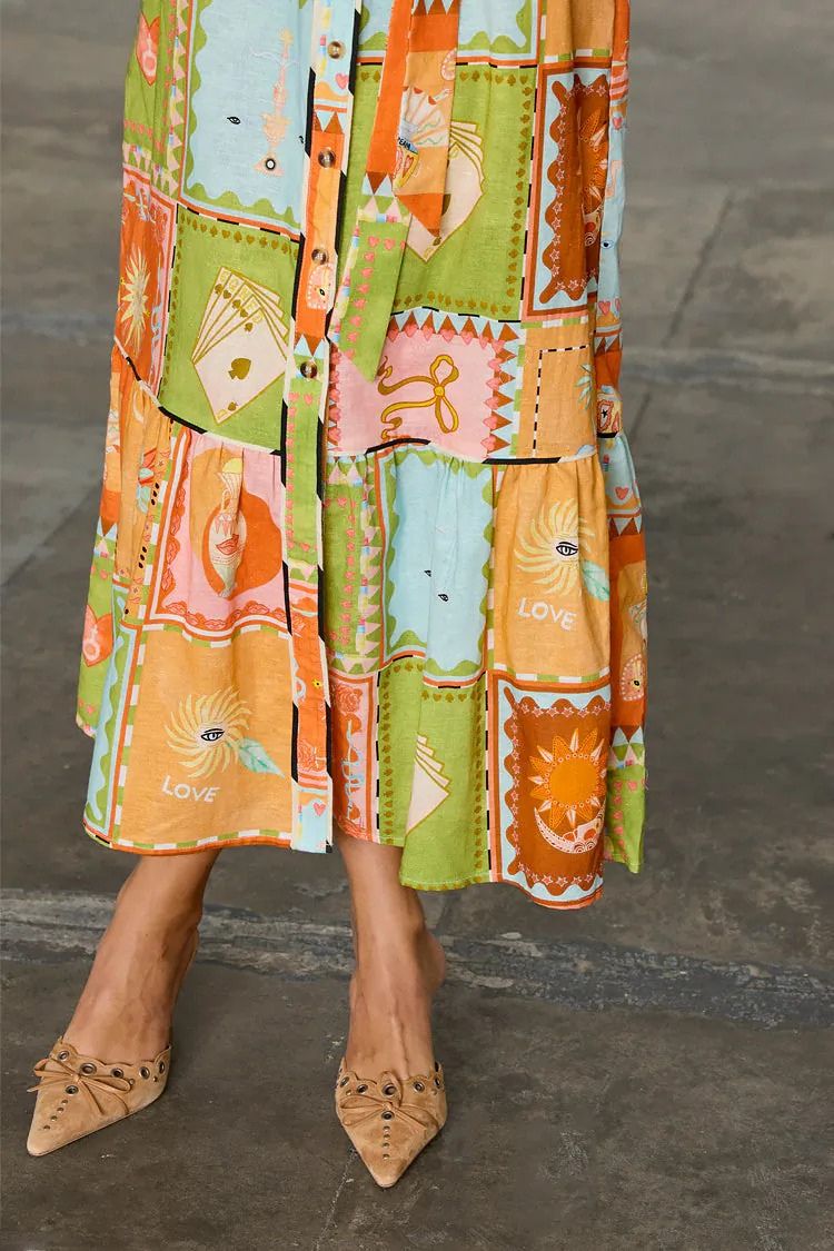 Linen Blend Unique Printed Long Sleeve Lapel Tie-waist Midi Dress