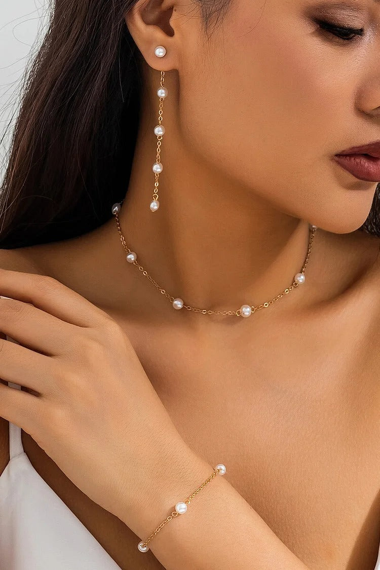 Faux Pearls Alloy Chain Fashionable Dangle Earrings Jewelry Set Gold one size