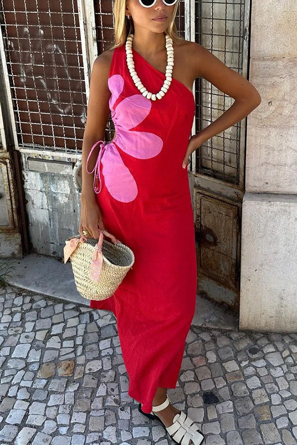 Contrast Floral Print One Shoulder Cutout Lace-up Midi Dress Red