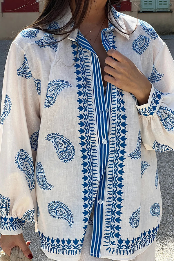 Linen Blend Unique Printed Shirt Top and Elastic Waisted Loose Pocket Pants Set