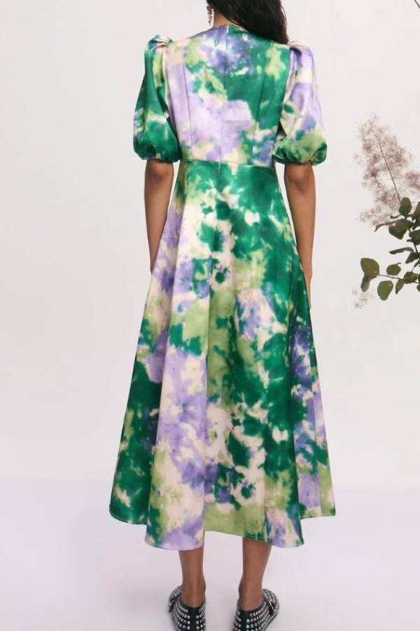 Green & Purple Tie-Dye Puff Sleeve Waist Tiered Satin Midi Dress