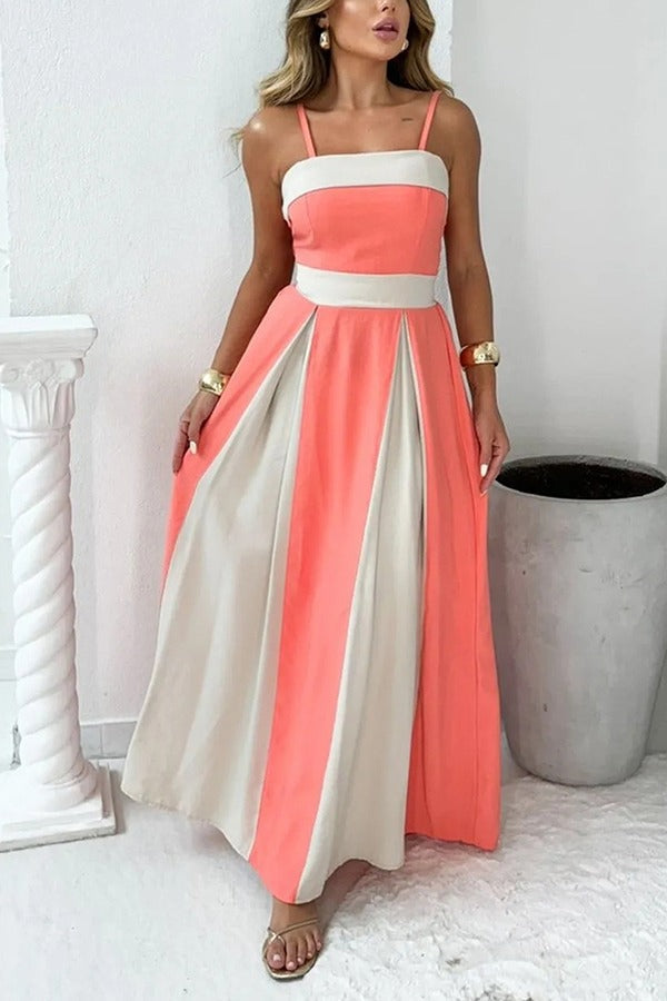 Fashion Contrast Color Sling Back Pleated Lace Up Maxi Dress Pink