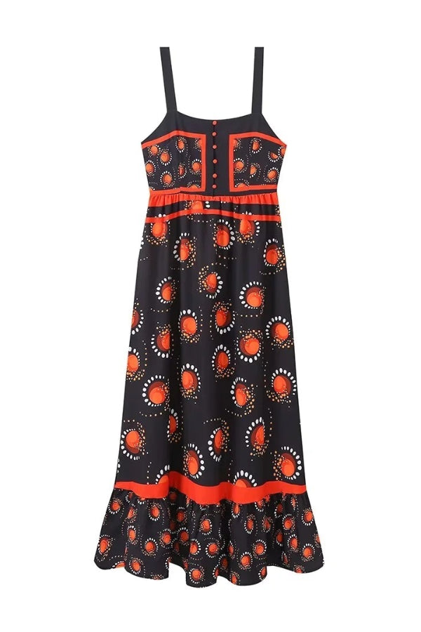 Elegant Printed Square Neck High Waisted Pleated Midi Dress