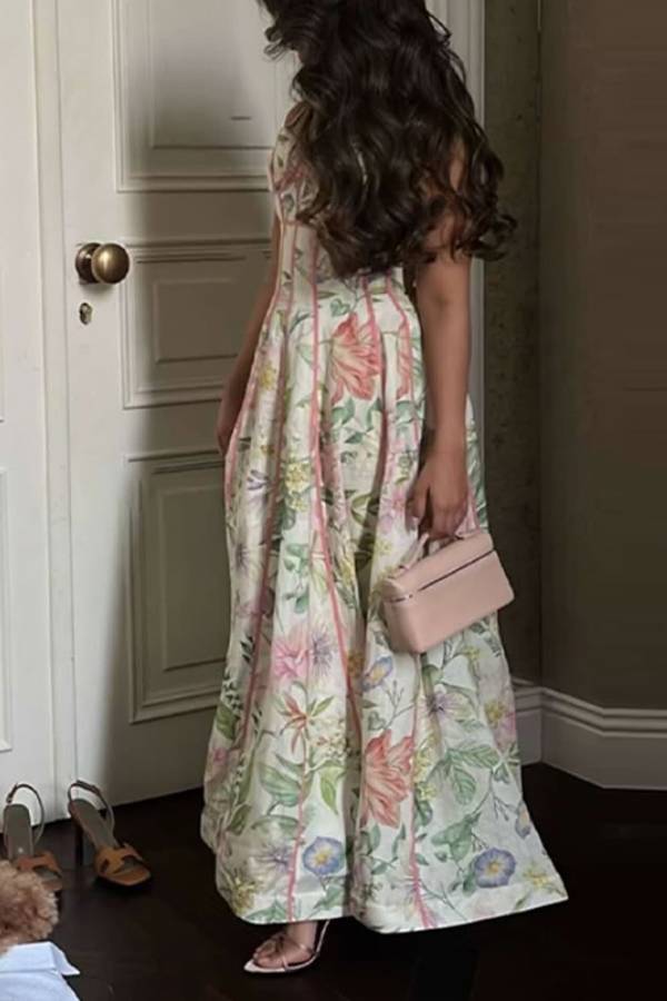 Halter Thin Strap Oil Painting Floral Boned Corset Midi Dress