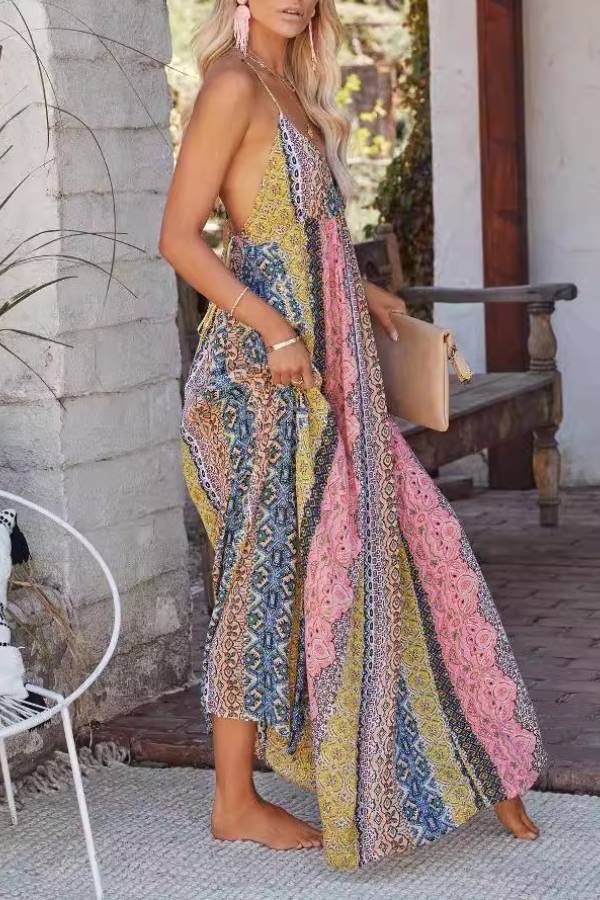 Colorful Printed Deep V-Neck Backless Strappy Maxi Dress