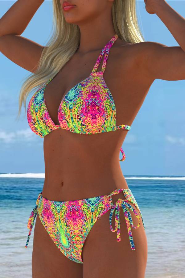 Trippy Print Halter Tie Two-Piece Bikini Swimsuit