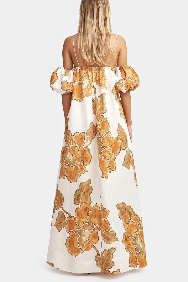 Maxikleid mit Blumendruck, Hosenträgern, Puffärmeln, lockeren Taschen und Urlaubs-Maxikleid 