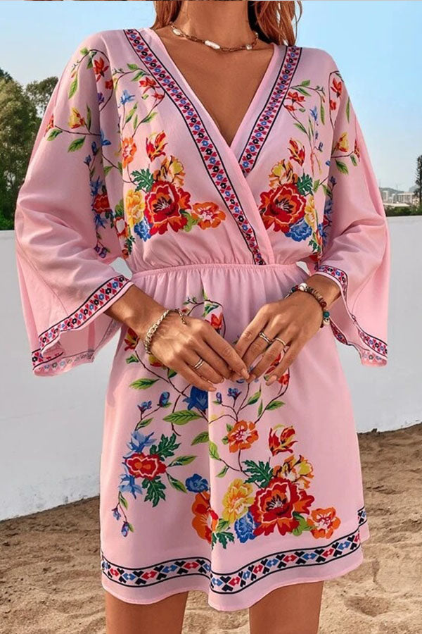 Bohemia Retro Ethnic Style Heavy Industry Print Temperament Slim Waist Slim Short Holiday Dress Pink