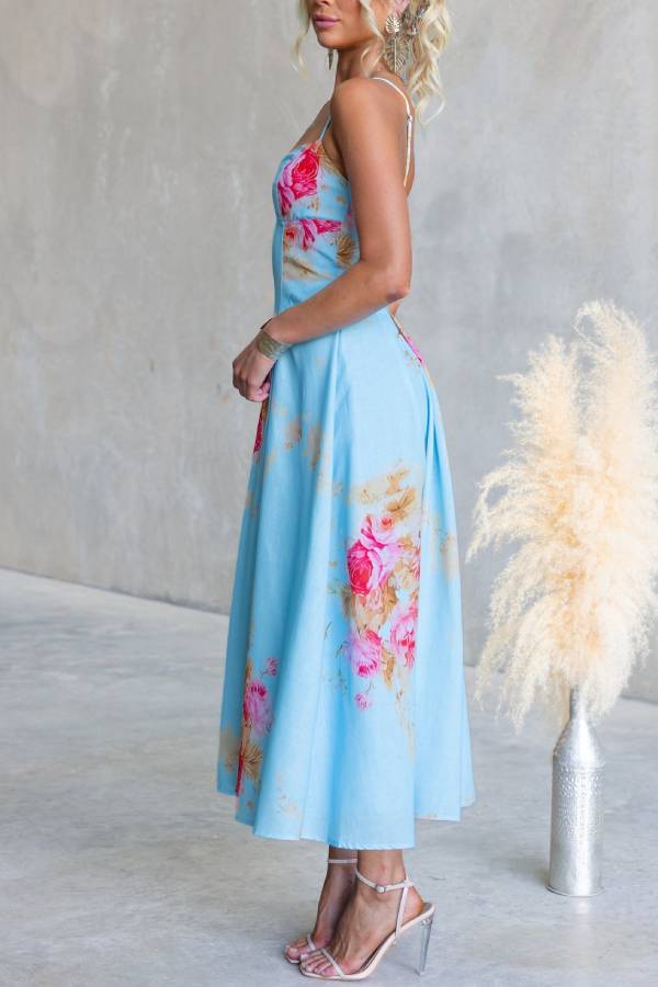French Floral V-Neck Spaghetti Strap Fit-and-Flare Midi Dress