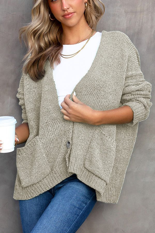Button Front Pocketed Loose Fit Knitted Cardigan Grey