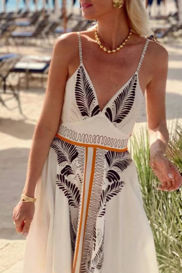 Tropical Palm Leaf Print V-Neck Tie Back Spaghetti Strap Maxi Vacation Dress