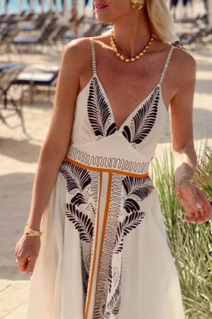 Tropical Palm Leaf Print V-Neck Tie Back Spaghetti Strap Maxi Vacation Dress