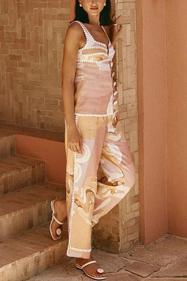 European Summer Linen Blend Ric Rac Trims High Rise Pocket Loose Pants