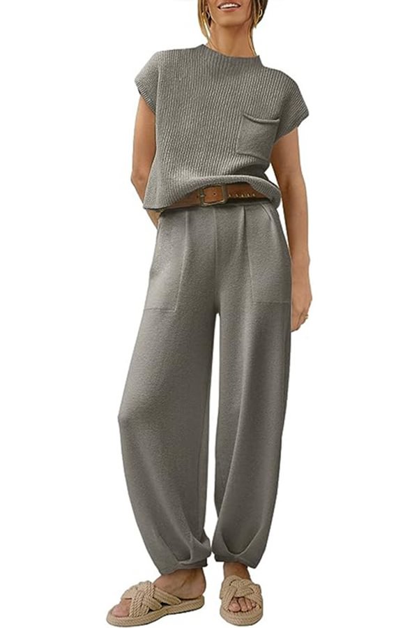 Short Sleeved Knitted Pullover Pleated Harem Pants Lounge Two Piece Set Grey