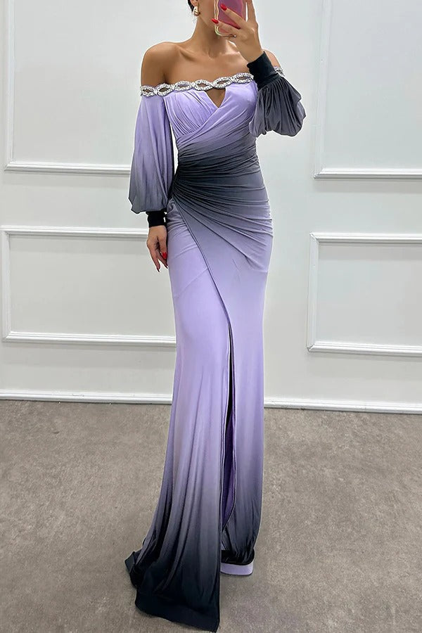 Julieta Gradient Print Boat Neck Off Shoulder Gem Detail Slit Gown Maxi Dress Light purple