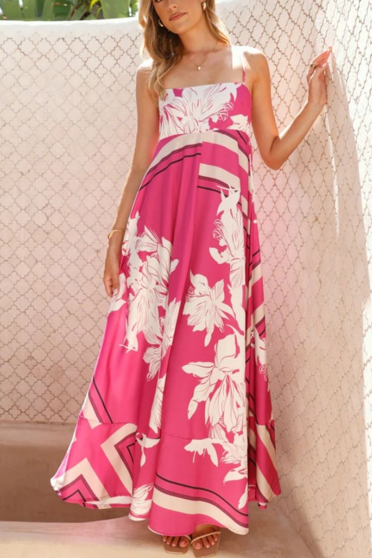 Printed Ruffle Suspender Maxi Dress Rose Red