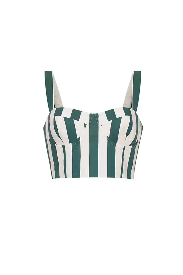 Claudine Striped Heart-shaped Smocked Tank and Raffia Buckle Belted Pocket Bubble Shorts Set