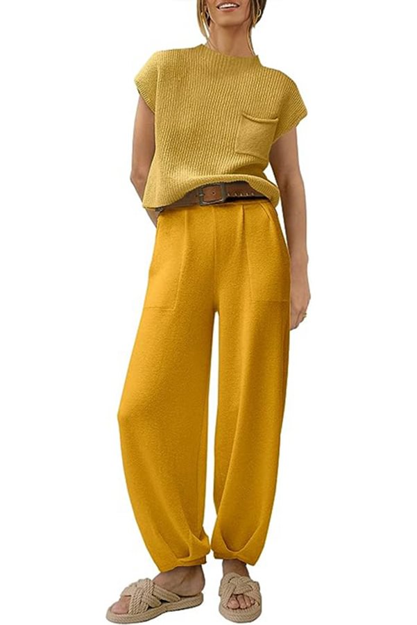 Short Sleeved Knitted Pullover Pleated Harem Pants Lounge Two Piece Set Yellow