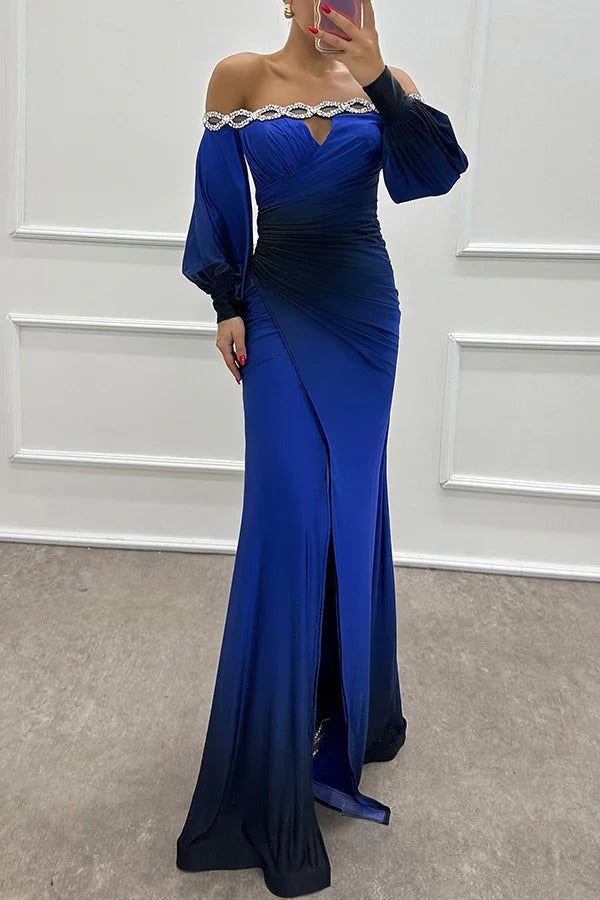 Julieta Gradient Print Boat Neck Off Shoulder Gem Detail Slit Gown Maxi Dress Navy blue