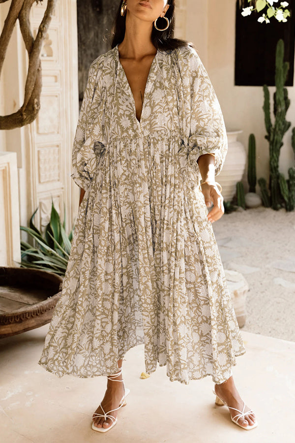 Lantern sleeve V-neck tie floral dress 7