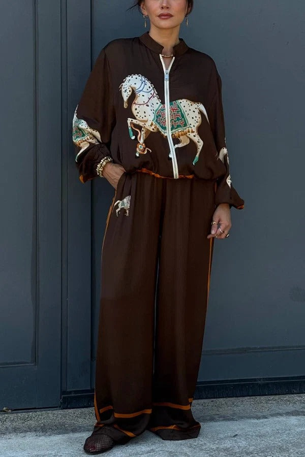 Artistic Satin Colorblock Horse Print Elastic Waist Pocket Wide Leg Pants