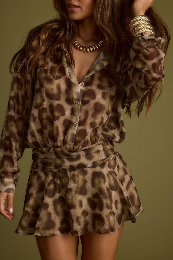 Sexy and Stunning Leopard Long Sleeve Drop Waist Shirt Mini Dress