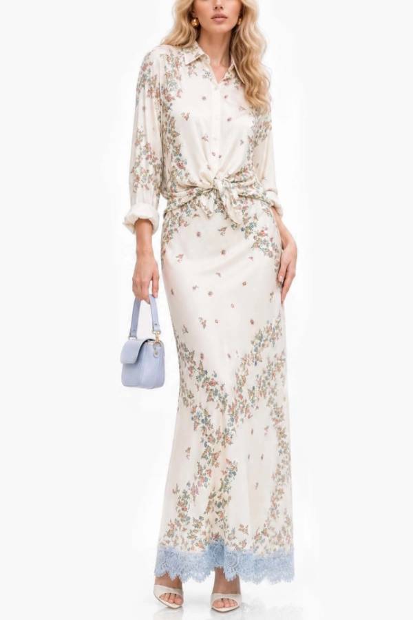 Beige Floral Print Shirt & Lace Hem Maxi Skirt 2 Piece Outfit