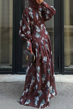 Burgundy Floral Print Elegant Maxi Dress