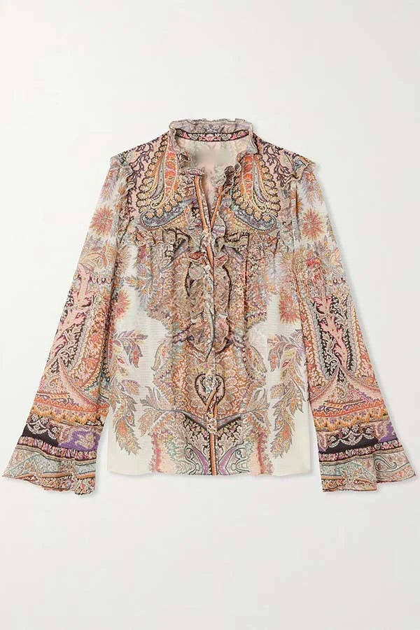 Feeling Dreamy Paisley Print Ruffle Jacquard Bell Sleeve Loose Blouse