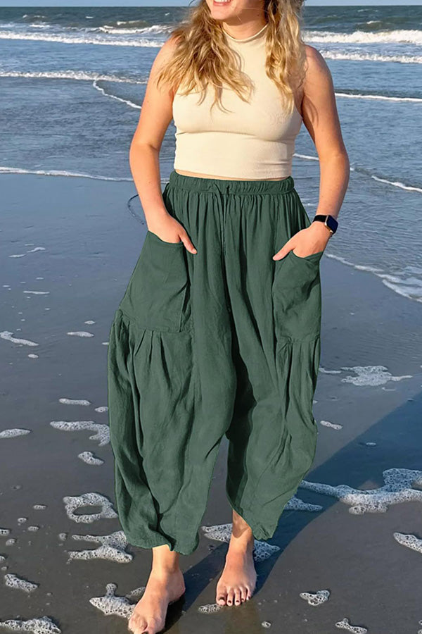 Diani Linen Blend Drawstring Waist Pocketed Loose Pants