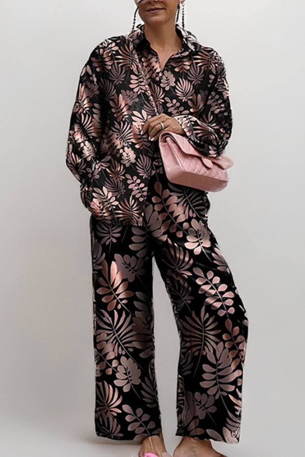 Loose Printed Long Sleeve Wide Leg Pants Fashion Suit Black