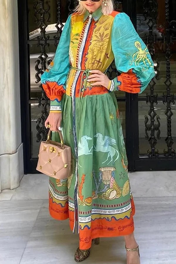 Puts A Smile Unique Print Lapel Lantern Sleeve Waist Tie Midi Dress