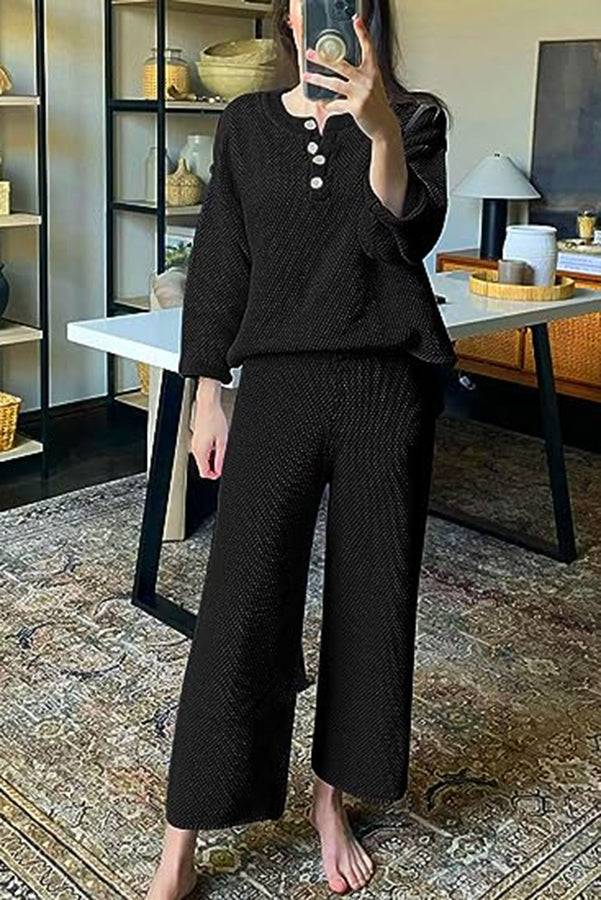 Heather Hailey Solid Color Casual Button V Neck Top and Pant Two Piece Set Black