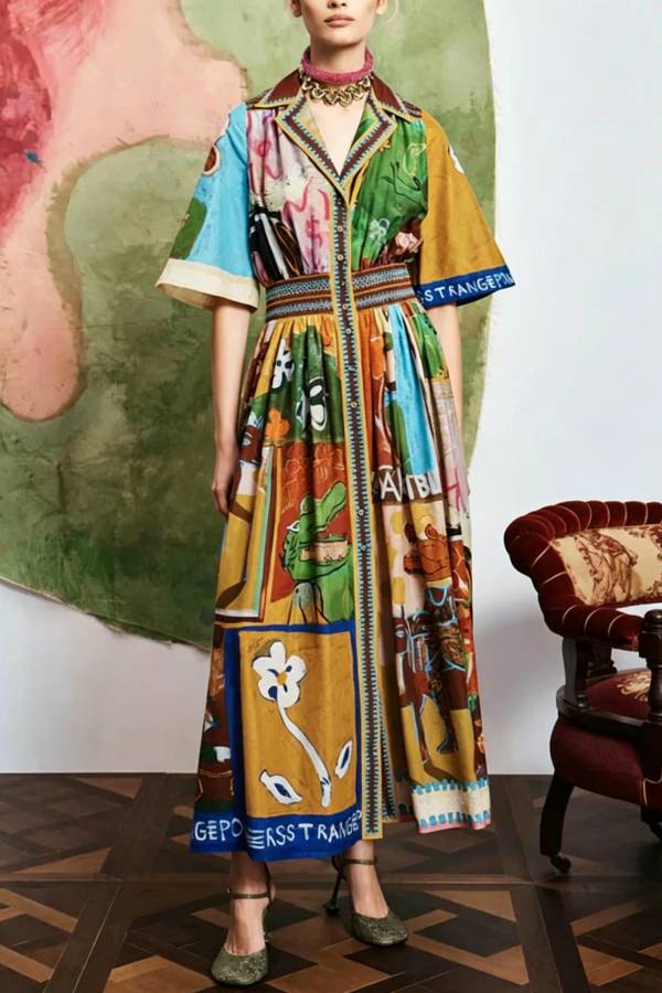 Vintage-Style Multi-Color Print Shirt Maxi Dress